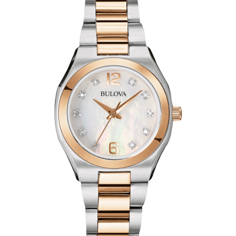 Bulova Diamond Womens Two Tone Rose Gold Stainless Steel 26mm Watch
